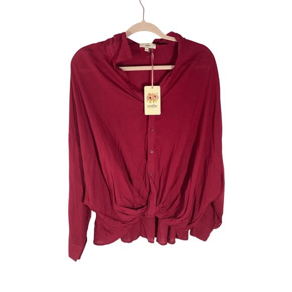 NWT Entro Boho  Equestrian Women's Front Tie Button Lagenlook Red Burgundy Top - Picture 3 of 4